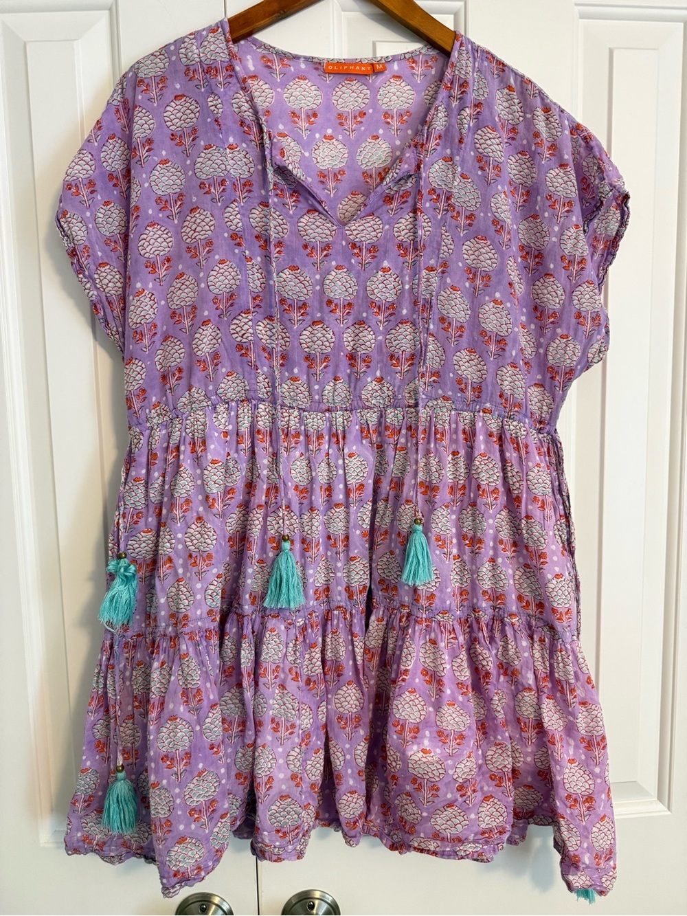 Oliphant Lavender Printed Tiered Dress with Teal Tassels Size Medium FLAWS